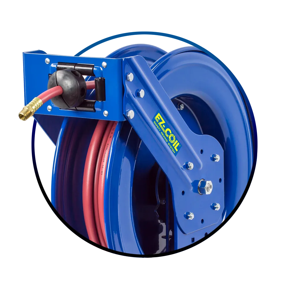 Coxreels blue EZ-Coil spring-driven hose reels with red hose